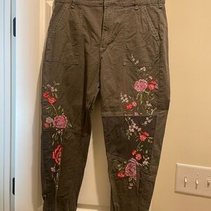 Anthropologie Size 32 Olive Women’s Cargo Pants with Embroidered Floral Design